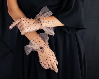 Tulle Polka Dot Gloves, Ruffle Sheer Opera Gloves