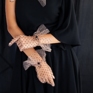 Tulle Gloves for Women Beige & Black Polka Dot Lace Opera girls gloves nylon transperent mesh satin vintage retro elbow ruffle sheer gloves