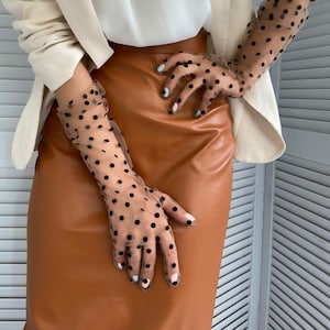 Tyllhandskar för kvinnor, prickiga, små, stora, beige, nät, accessoarer, nylon, transparent, opera flickor, lång, spets, vintage, retro, armbågsrubber, transparent