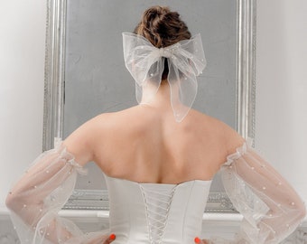 Ivory Tulle Pearl Bridal Hair Bow Clip, Handmade Wedding Veil