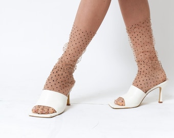 Beige Polka Dot Socks, Tulle Socks for Wedding, Sheer Socks for Women, Lace Nylon Socks, Dotted Socks, Sheer Transparent Hosiery, Long Socks