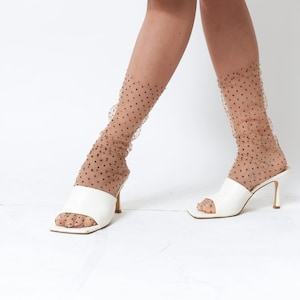 Beige Polka Dot Socks, Tulle Socks for Wedding, Sheer Socks for Women, Lace Nylon Socks, Dotted Socks, Sheer Transparent Hosiery, Long Socks