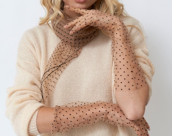 Tulle gloves for women Polka Dot small big beige Mesh Accessories nylon transperent opera girls long lace vintage retro elbow ruffle sheer
