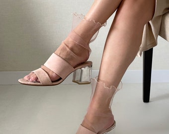 Tulle Ruffle Socks, Powdery Sheer Tulle Bell Socks, Pink Ankle Transparent Lace Socks for Women, White Designer Fashion Trendy Black Hosiery