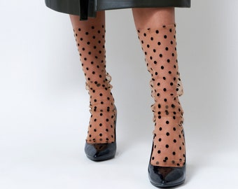 Beige Polka Dot Socks, Tulle Lace Transparent Socks for Women, Polka Dot Sheer Ankle Cute Mesh Hosiery for Heels, Casual Retro Vintage Socks
