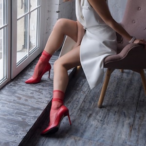 Red Tulle Transparent Socks, Sheer Tulle Socks, Mesh Ankle Socks, Transparent Socks, Nylon Lace Ankle Socks, Fashion Socks for Heels image 2