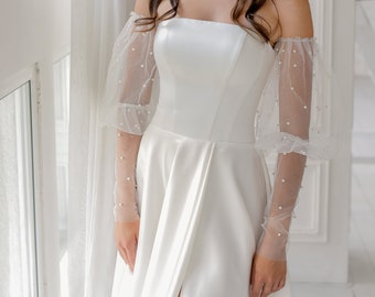 Detachable Sleeves for Wedding Dress, White Pearl Wedding Sleeves, Bridal Tulle Sleeves, Pearl Detachable Sleeves, Sheer Tulle Puff Nylon