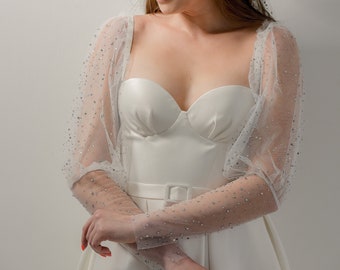 Abnehmbare Ärmel für Hochzeitskleid, weiße Perlen-Hochzeitsärmel, Braut-Tüllärmel, abnehmbare Perlenärmel, transparenter Tüll-Puff-Nylon