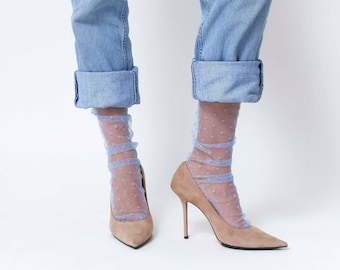 Blue Polka Dot Tulle Socks Sheer Socks Hosiery White Mesh Lace Socks Women Gift Fashion Nylon Vintage Socks Sheer Ankle Casual Cute Socks