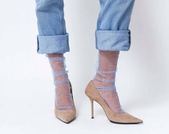 Blå prickiga tyllsockor, transparenta strumpor, vita nätsockor, spetsstrumpor, dam, gåva, mode, nylon, vintage-sockor, transparenta fotledsstrumpor, avslappnade, söta strumpor