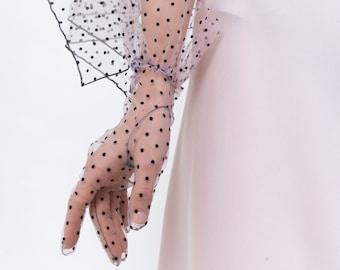 Gants en tulle pour femme lilas noir à pois en dentelle Gants pour filles Opera en nylon, maille transparente en satin, gants transparents vintage rétro à volants pour les coudes