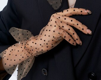Handmade Tulle Polka Dot Gloves, Vintage Ruffle Opera Gloves