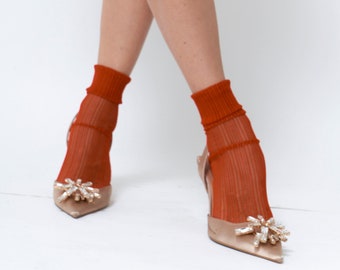 Red Tulle Socks with Stripes, Striped Lace Socks, Sheer Tulle Socks, Striped Women Socks, Lace Socks Women, Designer Red Socks, 1603 socks