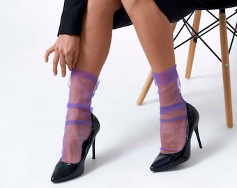 Violet Soft Tulle Socks for Women, Transparent Nylon Sheer Tulle Socks, Lace Mesh Socks for Women, Cute Minimalist Socks, 0119 purple socks