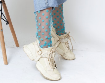 Colorful Summer Tulle Socks, Handmade Tulle Socks, Lace Socks Women, Turquoise Sheer Socks, Mesh Socks for Women, Polka Dot Blue Socks