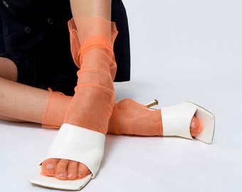 Sheer Tulle Socks, Orange Lace Summer Casual Vintage Girls Handmade Designer Socks for Women, 0112