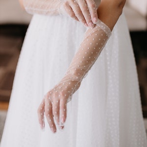 White Wedding Gloves, Tulle Mesh Gloves, Tulle Bridal Gloves, Polka Dot Gloves, Evening Long Gloves, Tulle Elbow Gloves, 1202 white gloves