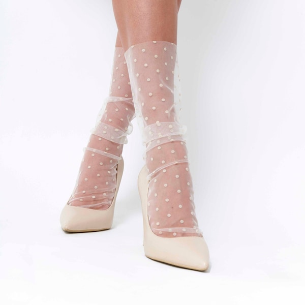 White Polka Dot Tulle Socks Sheer Socks Hosiery White Mesh Lace Socks Women Bridal Socks Bridesmaid Gift Fashion Wedding Nylon Vintage Socks