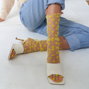 Tulle Polka Dot Socks, Sheer Nylon Socks, Mesh Socks with Big Dots, Lace Socks for Women, Socks for Heels Trendy Boot Yellow Sneaker Socks image 1