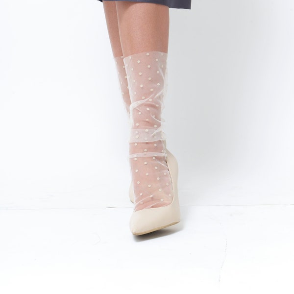 Ivory Polka Dot Tulle Socks, Sheer Tulle Socks, White Mesh Socks, Lace Socks Women, Bridal Socks, Bridesmaid Gift Socks, Wedding Lace Socks