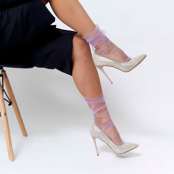 Soft Tulle Socks for Women, Basic Lace Socks, Sheer Tulle Socks, Transparent Mesh Socks, Tulle Socks with Heels, Cute Sock, 0115 lilac socks
