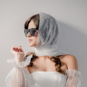 Bridal Hair Wrap, Tulle Pearl Square Scarf, Bridal Veil Alternative, White Pearl Tulle Hair Scarf, Large Square Scarf, Pearl Wedding Veil