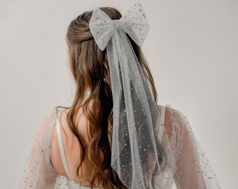 White Rhinestone Bridal Hair Bow, Pearl Tulle Veil Satin Alternative Wedding Pearl Bride Bow, Bridal Hair Bow,  Bow Long, Wedding Things