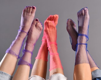Colorful trendy tulle women Socks Transparent Nylon Sheer handmade Lace Mesh Socks for girls Cute blue red violet pink orange novelty summer