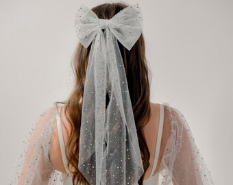 White Pearl Bridal Hair Bow, Tulle Veil Satin Alternative Wedding Pearl Bride Bow, Bridal Hair Bow, Rhinestone Bow Long, Wedding Things