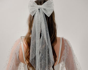 White  Pearl Bridal Hair Bow, Tulle Veil Satin Alternative Wedding Pearl Bride Bow, Bridal Hair Bow, Rhinestone Bow Long, Wedding Things