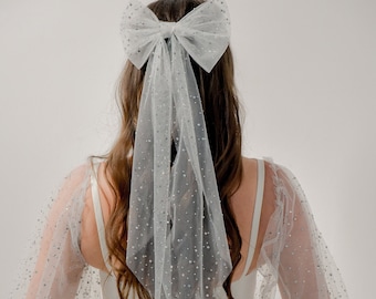 White  Pearl Bridal Hair Bow, Tulle Veil Satin Alternative Wedding Pearl Bride Bow, Bridal Hair Bow, Rhinestone Bow Long, Wedding Things