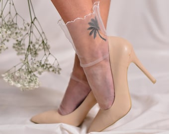 Wedding Socks, Tulle White Ruffle Socks, Sheer Bell Ankle Nylon Mesh Lace Socks for Women, Designer Black Powdery Beige Wedding Accessories