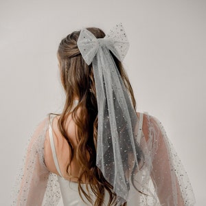 White Rhinestone Bridal Hair Bow, Pearl Tulle Veil Satin Alternative Wedding Pearl Bride Bow, Bridal Hair Bow,  Bow Long, Wedding Things