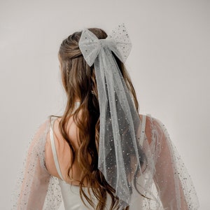 May include: A white bridal dress with a tulle veil and a sparkly bow. The dress has long sleeves with a puff design and a fitted bodice. The veil is adorned with small silver sequins.