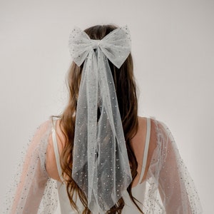 White Pearl Bridal Hair Bow, Tulle Veil Satin Alternative Wedding Pearl Bride Bow, Bridal Hair Bow, Rhinestone Bow Long, Wedding Things image 6