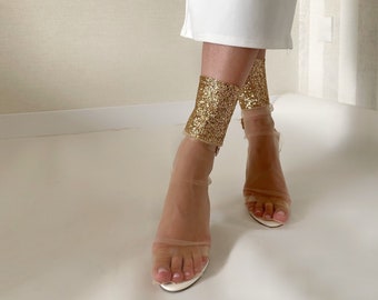 Gold Glitter Tulle Socks, Sheer Trend Mesh Transparent Fashion Socks, Bridal Party Socks, Lace Socks Women, Silver Socks, 0502 glitter sock