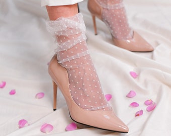 White Polka Dot Tulle Socks, Sheer Bridal Socks