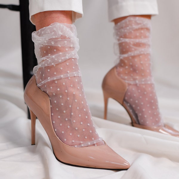 White Polka Dot Socks, White Tulle Socks, Sheer White Socks, Mesh Socks, Lace Socks for Women, Bridal Socks, Bridesmaid Socks, Wedding Socks