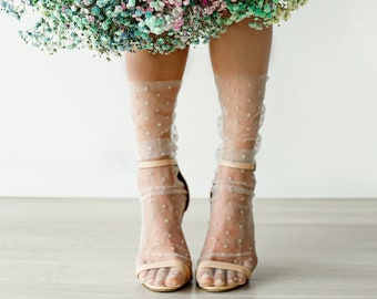 Chaussettes en tulle ivoire à pois, Chaussettes en tulle transparent, Chaussettes en résille blanches, Chaussettes en dentelle pour femme, Chaussettes pour mariée, Chaussettes cadeau de demoiselle d'honneur, Chaussettes en dentelle pour mariage