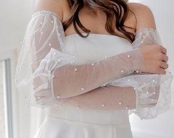 White Pearl Tulle Wedding Sleeves, Detachable Bridal Sleeves
