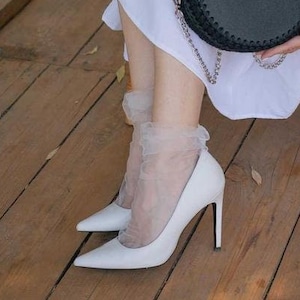 Calcetines de tul transparentes, Calcetines de malla transparente blanca, Calcetines de moda con adornos de boda nupcial vintage, Calcetines finos de calcetería, 0108 calcetines blancos para mujer