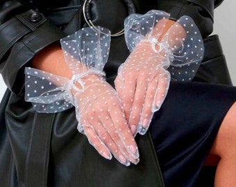 Gants en tulle pour femme, Gants d'opéra en dentelle à pois blancs pour filles, Bonneterie transparente en nylon, maille transparente et satin vintage rétro à volants