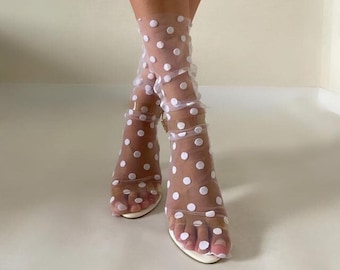 Chaussettes en tulle blanc, Chaussettes à gros pois, Chaussettes blanches transparentes, Chaussettes en dentelle pour femme, Chaussettes capsule pour garde-robe, Chaussettes en nylon transparent, Chaussettes à pois