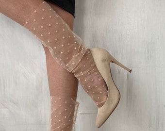 Polka Dot Tulle Socks, Peach Sheer Mesh Lace Hosiery for Women, Milky White Bridal Bridesmaid Gift Fashion Wedding Nylon Vintage Socks, Blue