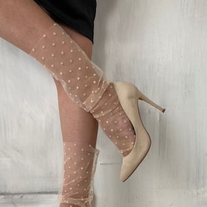 Polka Dot Tulle Socks, Peach Sheer Mesh Lace Hosiery for Women, Milky White Bridal Bridesmaid Gift Fashion Wedding Nylon Vintage Socks, Blue image 1