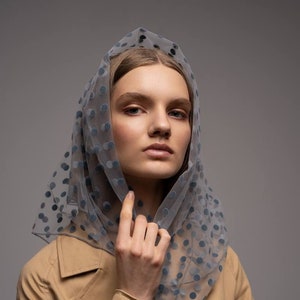 Grey Tulle Shawls and Wraps, Hair Mesh Polka Dot Scarf for Women, Large Square Fashion Designer Travel Headscarf, Witch Shawl, Hair Bandana