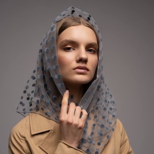 Long Polka Dot Head Scarf for Women, Tulle Hair Scarf, Large Bandana Head Scarf, Tulle Headband Scarf, Large Grey Square Scarf, 0907 Shawl