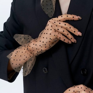 Tulle Gloves for Women Beige & Black Polka Dot Lace Opera Girls Gloves Nylon Transparent Mesh Satin Vintage Retro Elbow Ruffle Sheer Gloves