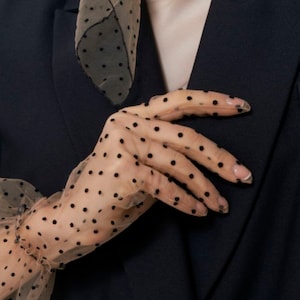 Tulle Gloves for Women Beige & Black Polka Dot Lace Opera girls gloves nylon transperent mesh satin vintage retro elbow ruffle sheer gloves