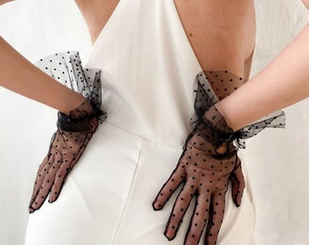 Tulle Gloves for Women Black Polka Dot Lace Opera girls gloves nylon transperent mesh satin vintage retro elbow ruffle sheer gloves beige